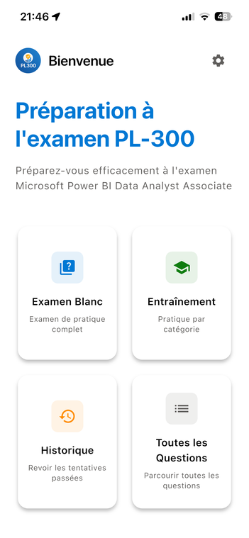 Capture d'écran de l'application mobile PL-300 Pro - Préparation examen Microsoft Power BI